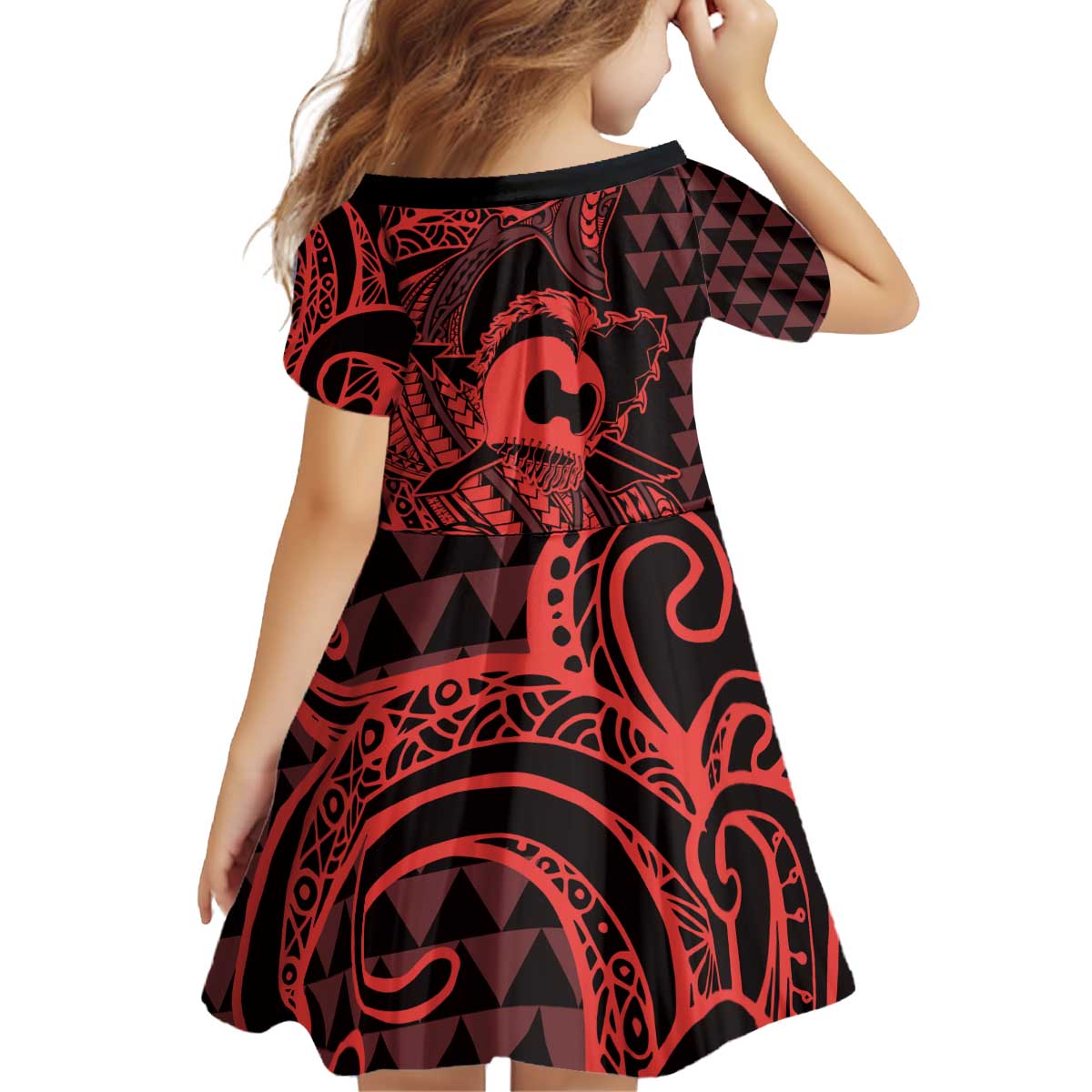 Koa Ikaika Warrior Helmet with Shark Kid Short Sleeve Dress Red Kakau Style LT9 - Polynesian Pride