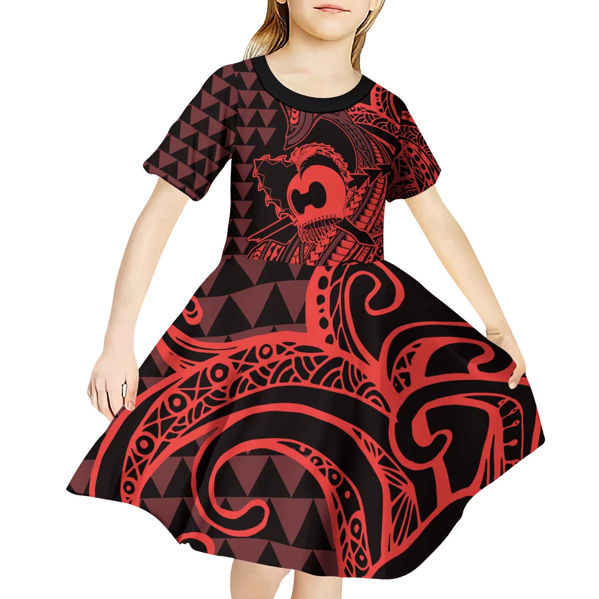 Koa Ikaika Warrior Helmet with Shark Kid Short Sleeve Dress Red Kakau Style LT9 - Polynesian Pride