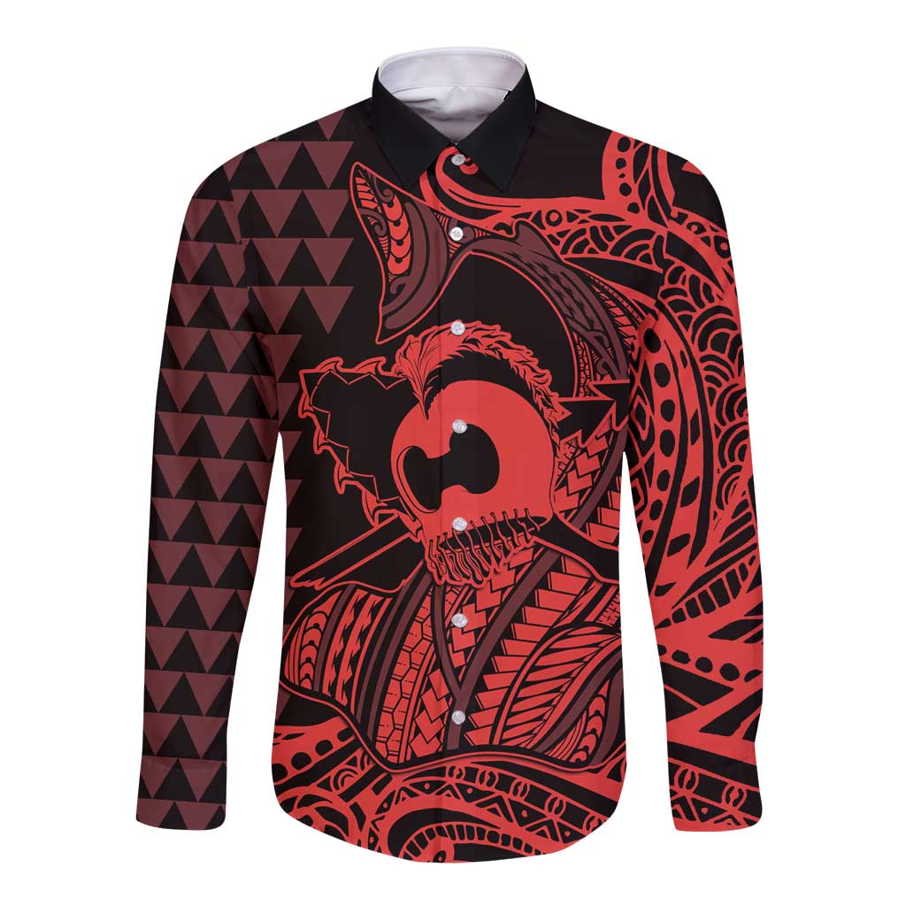 Koa Ikaika Warrior Helmet with Shark Long Sleeve Button Shirt Red Kakau Style LT9 Unisex Red - Polynesian Pride
