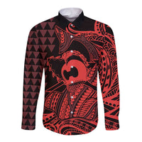 Koa Ikaika Warrior Helmet with Shark Long Sleeve Button Shirt Red Kakau Style LT9 Unisex Red - Polynesian Pride