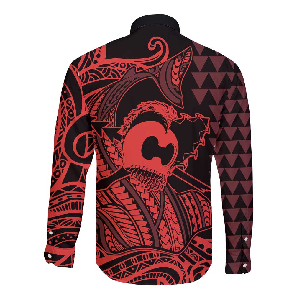 Koa Ikaika Warrior Helmet with Shark Long Sleeve Button Shirt Red Kakau Style LT9 - Polynesian Pride
