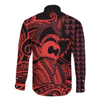 Koa Ikaika Warrior Helmet with Shark Long Sleeve Button Shirt Red Kakau Style LT9 - Polynesian Pride