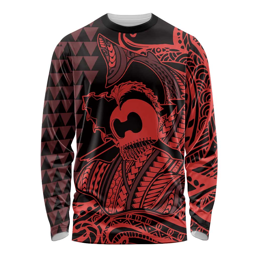 Koa Ikaika Warrior Helmet with Shark Long Sleeve Shirt Red Kakau Style LT9 Unisex Red - Polynesian Pride