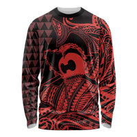Koa Ikaika Warrior Helmet with Shark Long Sleeve Shirt Red Kakau Style LT9 Unisex Red - Polynesian Pride