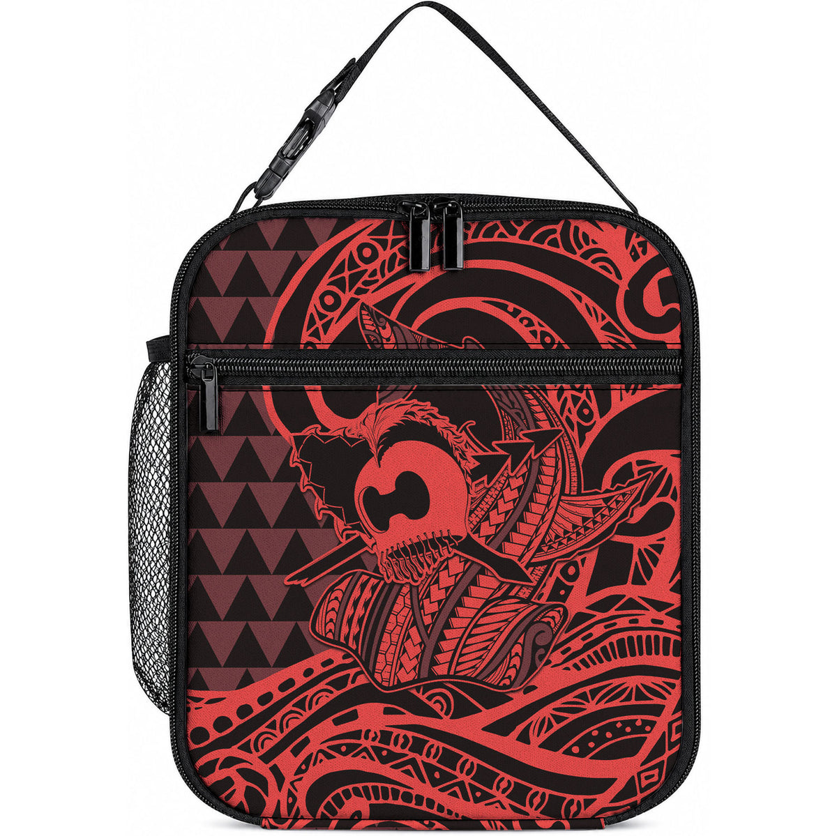 Koa Ikaika Warrior Helmet with Shark Lunch Bag Red Kakau Style LT9 10.2 × 8.3 × 4.3 inch Red - Polynesian Pride
