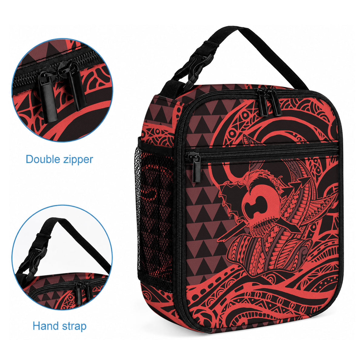 Koa Ikaika Warrior Helmet with Shark Lunch Bag Red Kakau Style LT9 - Polynesian Pride