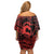 Koa Ikaika Warrior Helmet with Shark Off Shoulder Short Dress Red Kakau Style