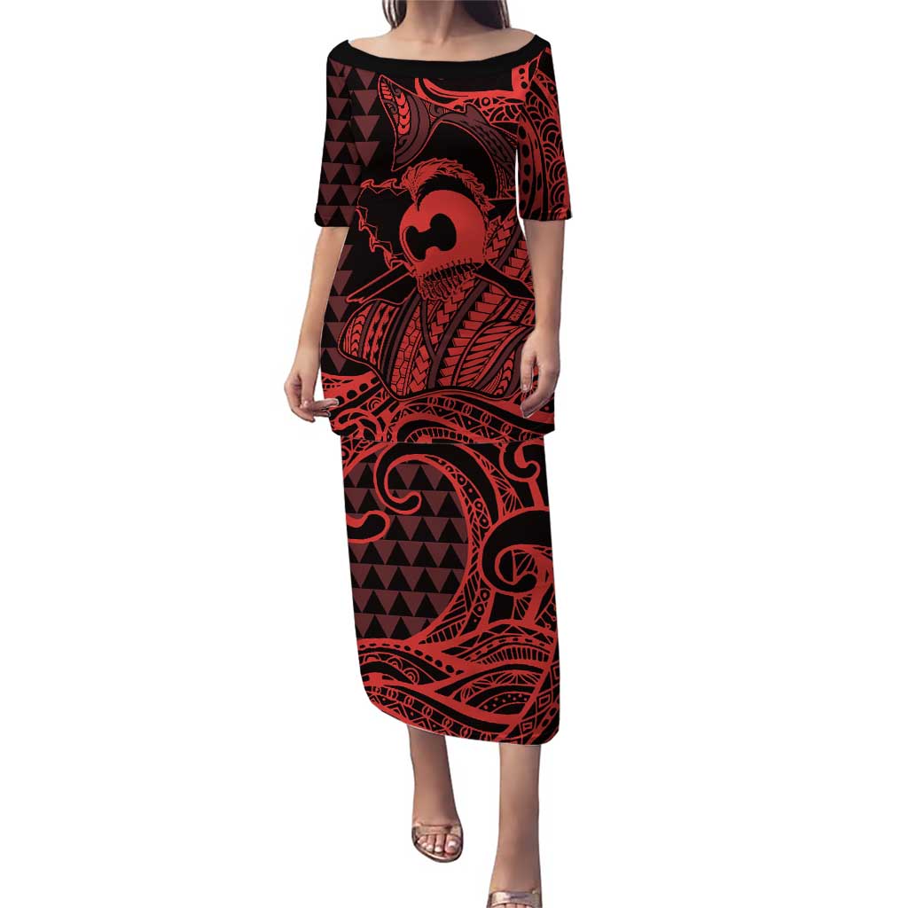 Koa Ikaika Warrior Helmet with Shark Puletasi Red Kakau Style LT9 Long Dress Red - Polynesian Pride