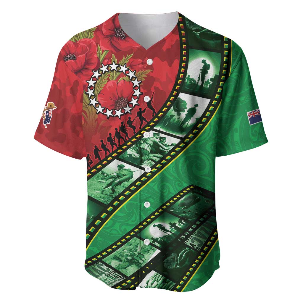 Personalised Cook Islands ANZAC 1915-2026 Filmstrip Baseball Jersey Lest We Forget 25 April LT9 Green - Polynesian Pride