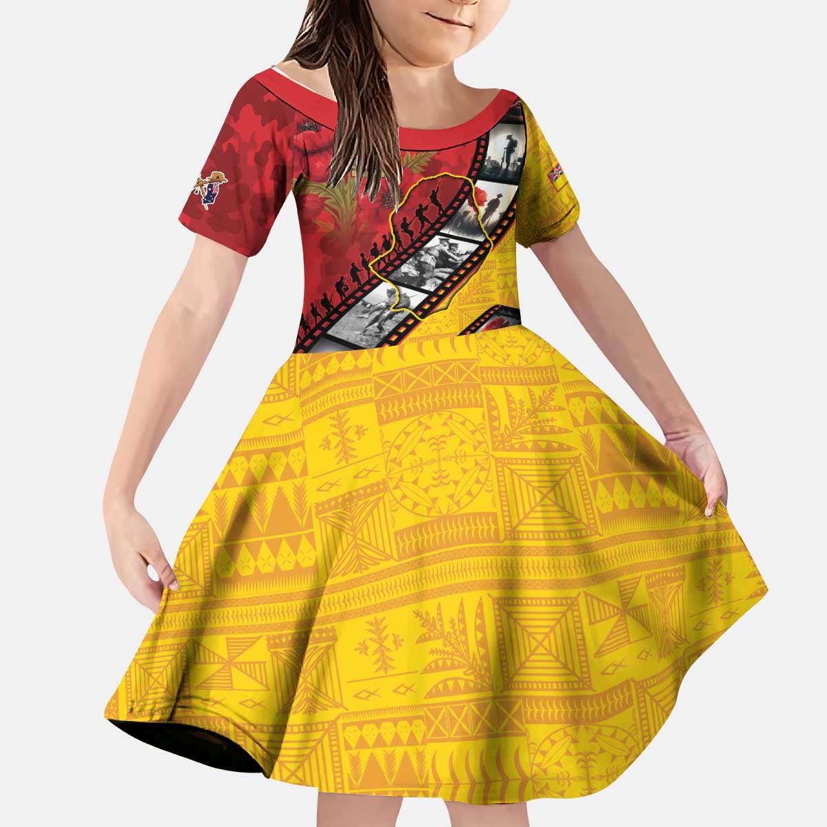 Personalised Niue ANZAC 1915-2026 Filmstrip Kid Short Sleeve Dress Lest We Forget 25 April LT9 KID Gold - Polynesian Pride