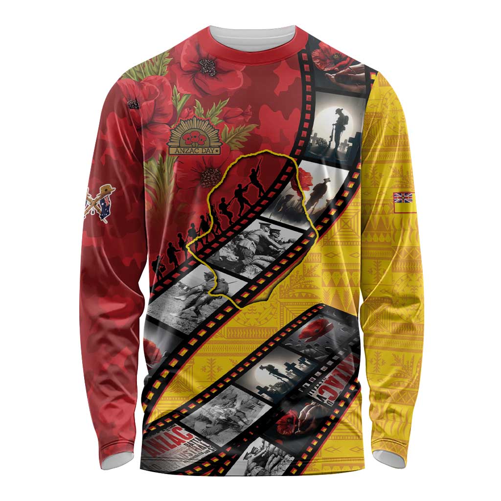 Personalised Niue ANZAC 1915-2026 Filmstrip Long Sleeve Shirt Lest We Forget 25 April LT9 Unisex Gold - Polynesian Pride