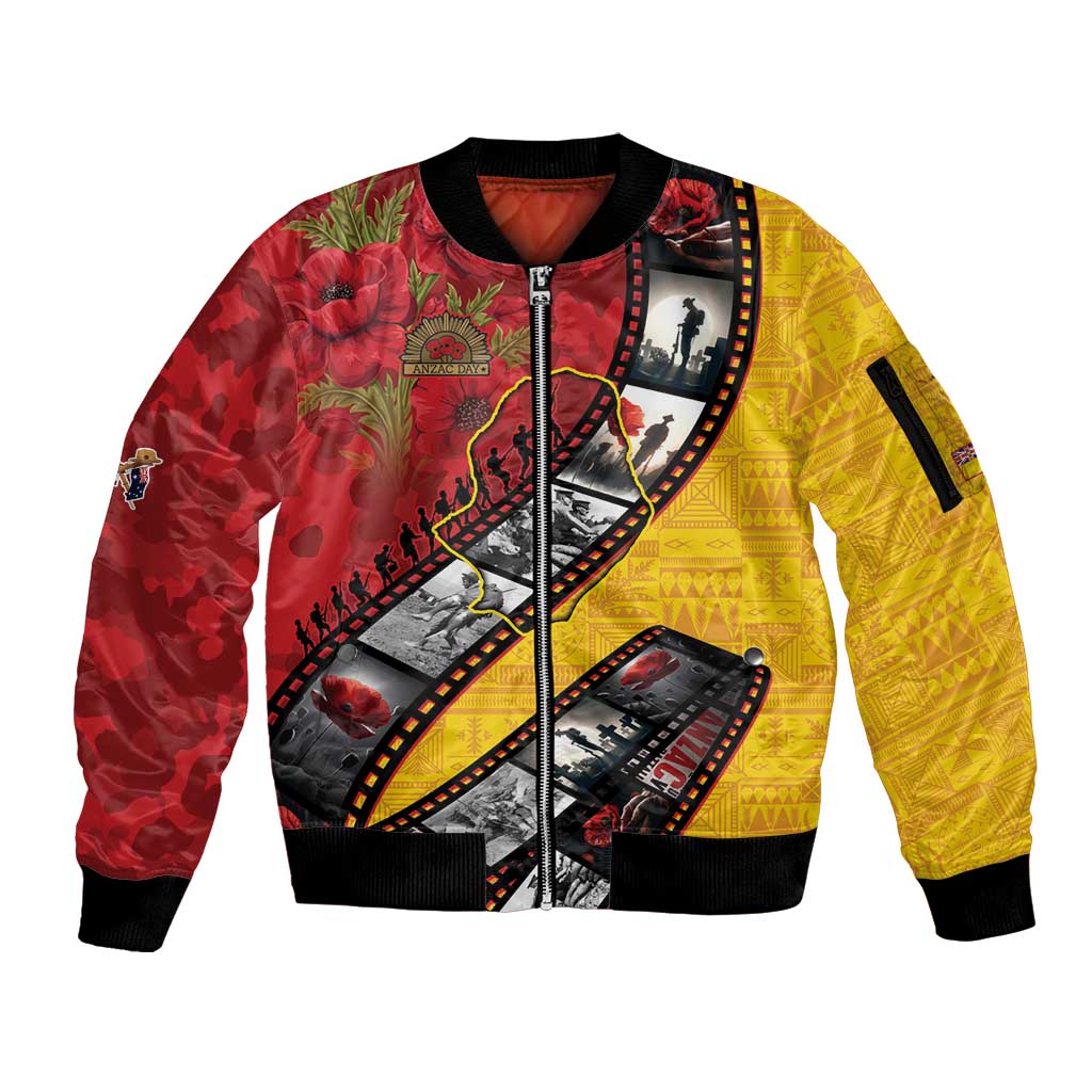 Personalised Niue ANZAC 1915-2026 Filmstrip Sleeve Zip Bomber Jacket Lest We Forget 25 April LT9 Unisex Gold - Polynesian Pride