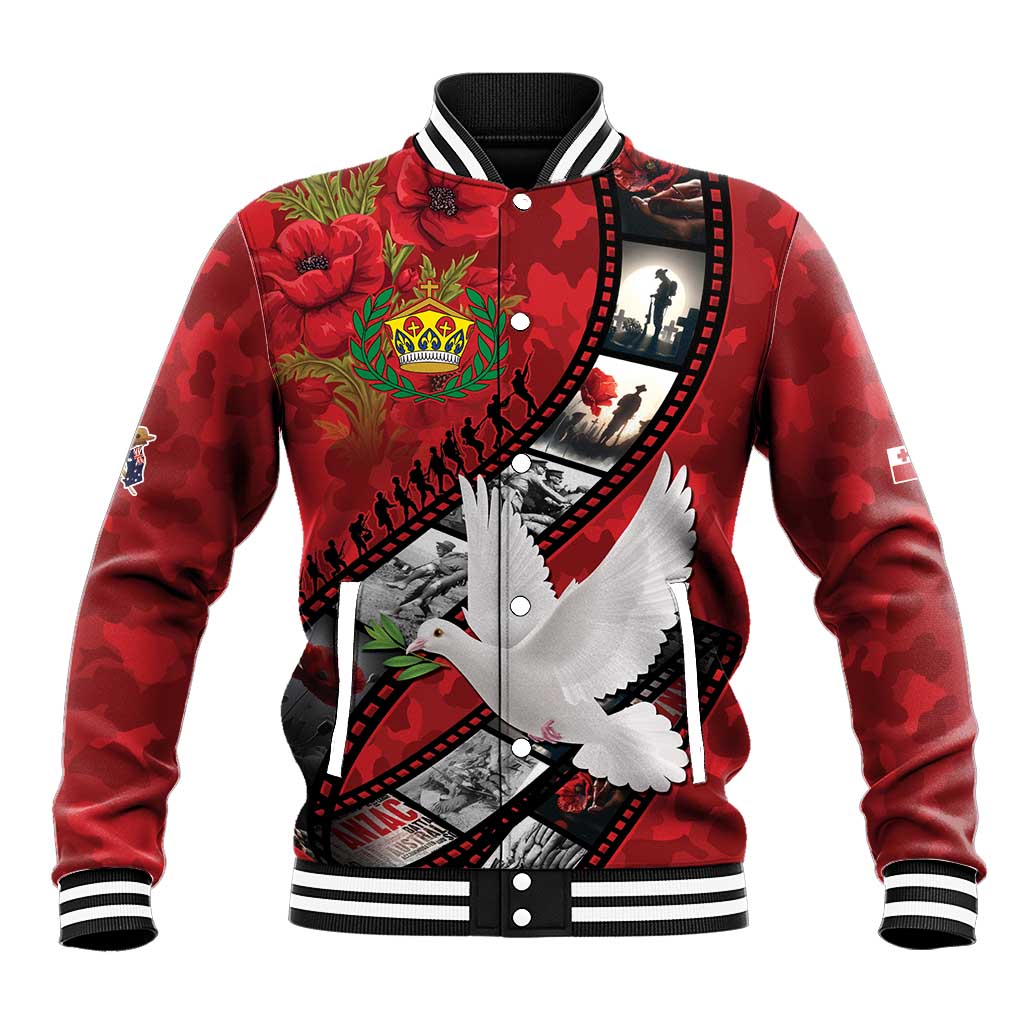 Personalised Tonga ANZAC 1915-2026 Filmstrip Baseball Jacket Lest We Forget 25 April LT9 Unisex Red - Polynesian Pride