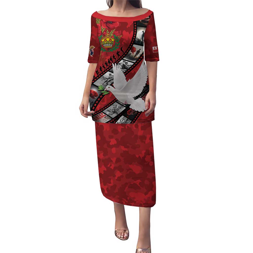 Personalised Tonga ANZAC 1915-2026 Filmstrip Puletasi Lest We Forget 25 April LT9 Long Dress Red - Polynesian Pride