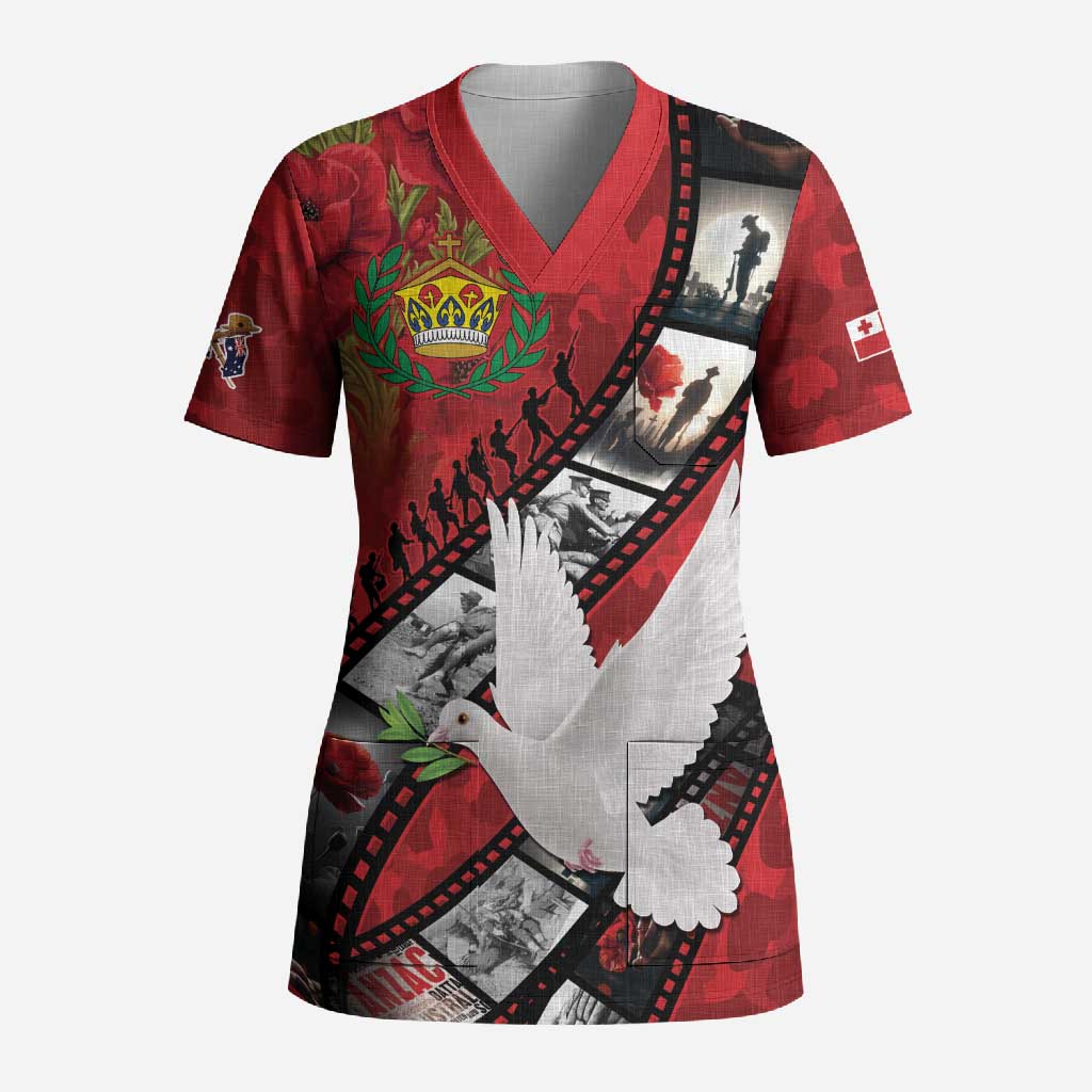 Personalised Tonga ANZAC 1915-2026 Filmstrip Scrub Top Lest We Forget 25 April LT9 Adult Red - Polynesian Pride