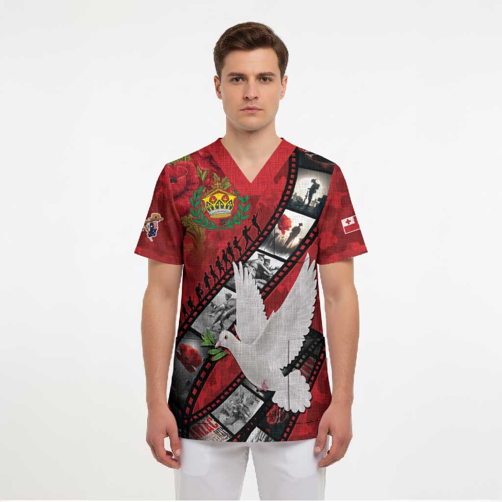 Personalised Tonga ANZAC 1915-2026 Filmstrip Scrub Top Lest We Forget 25 April LT9 - Polynesian Pride