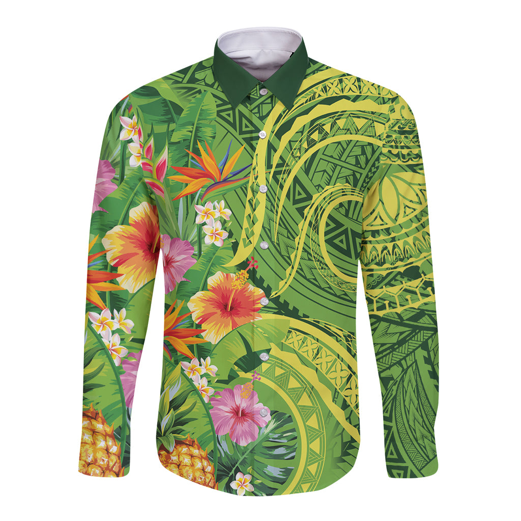 Polynesian Tribal Flower Tattoo Long Sleeve Button Shirt Special Lime Green Vibe LT9 Unisex Lime Green - Polynesian Pride