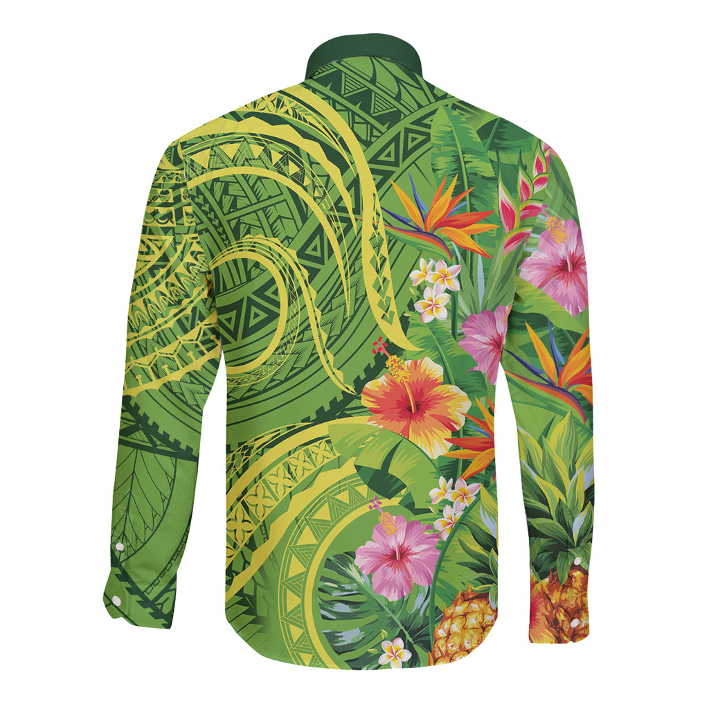 Polynesian Tribal Flower Tattoo Long Sleeve Button Shirt Special Lime Green Vibe LT9 - Polynesian Pride
