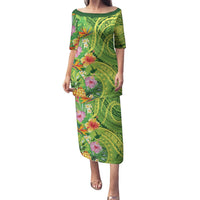 Polynesian Tribal Flower Tattoo Puletasi Special Lime Green Vibe LT9 Long Dress Lime Green - Polynesian Pride