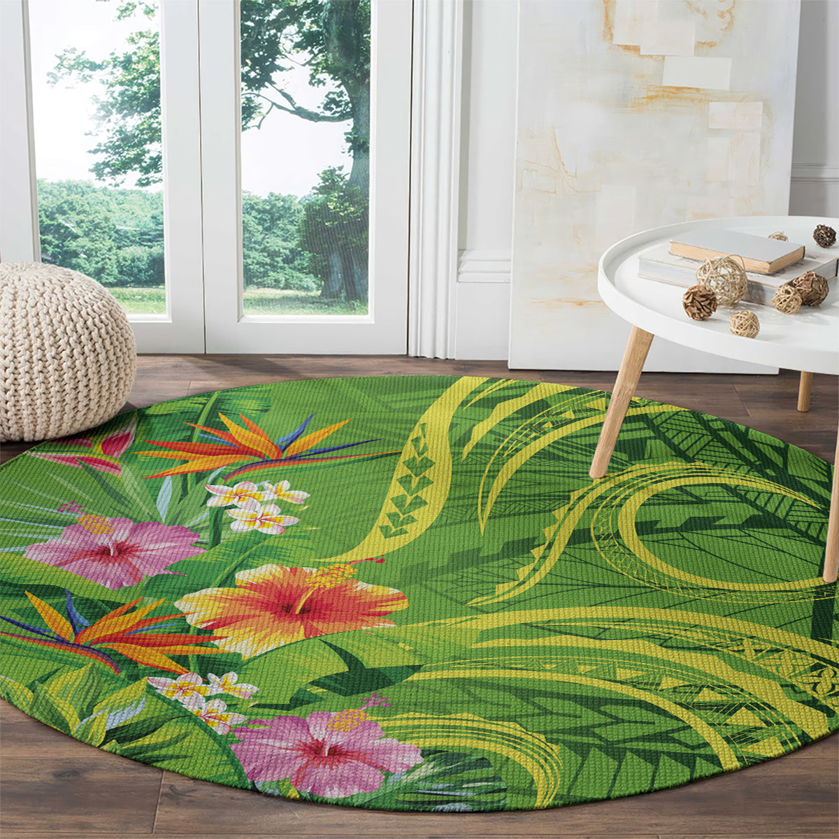 Polynesian Tribal Flower Tattoo Round Carpet Special Lime Green Vibe LT9 - Polynesian Pride