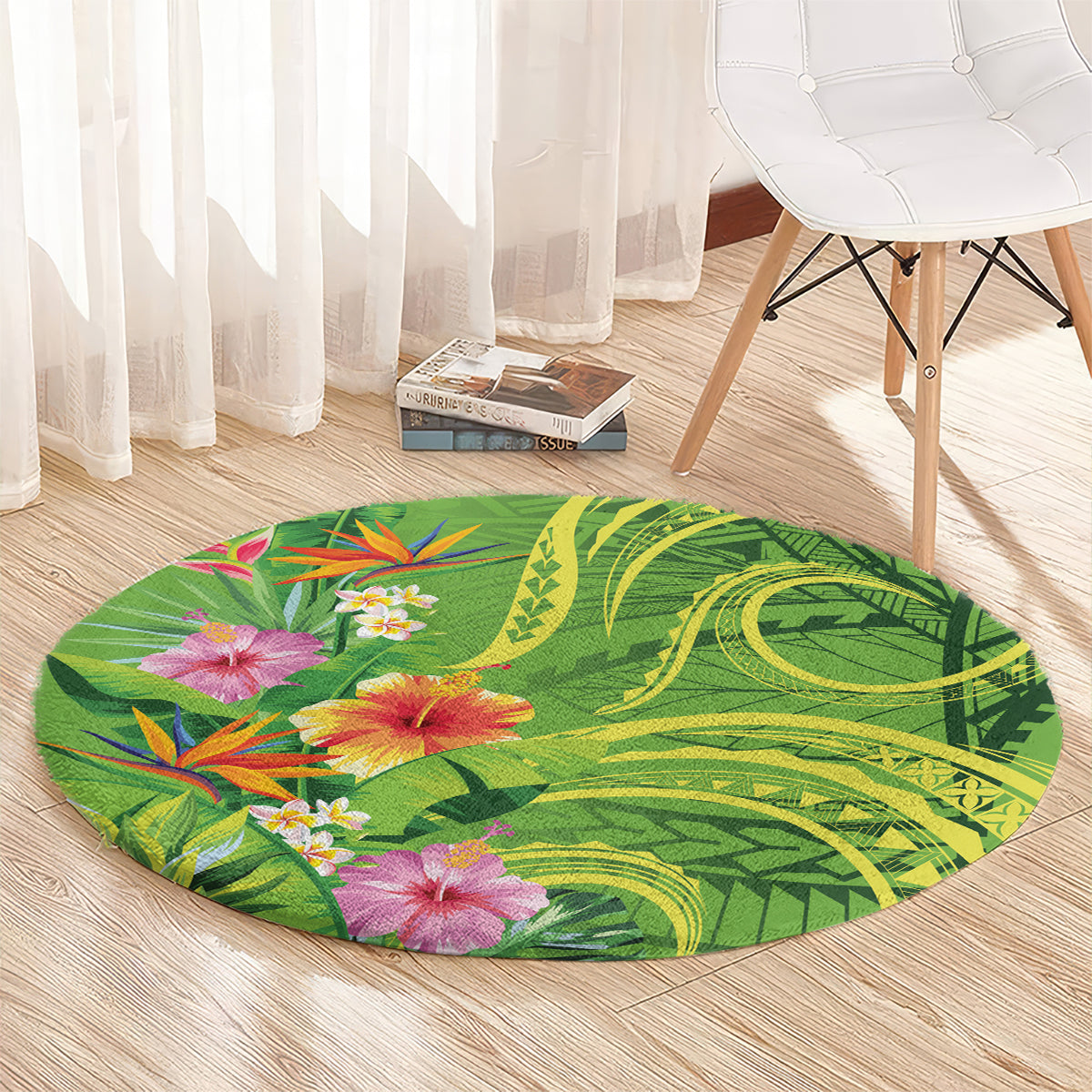 Polynesian Tribal Flower Tattoo Round Carpet Special Lime Green Vibe LT9 - Polynesian Pride