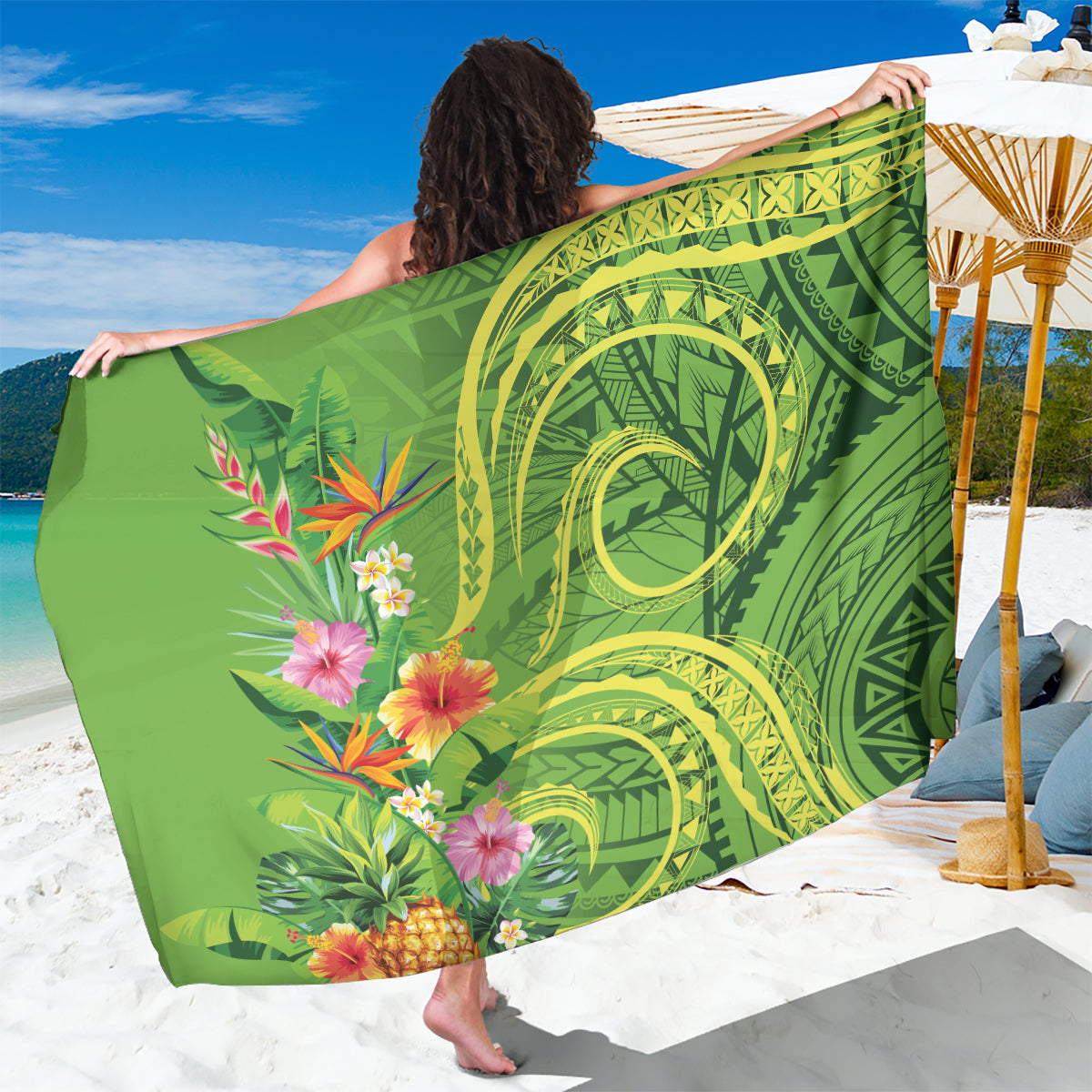 Polynesian Tribal Flower Tattoo Sarong Special Lime Green Vibe LT9 One Size 44 x 66 inches Lime Green - Polynesian Pride