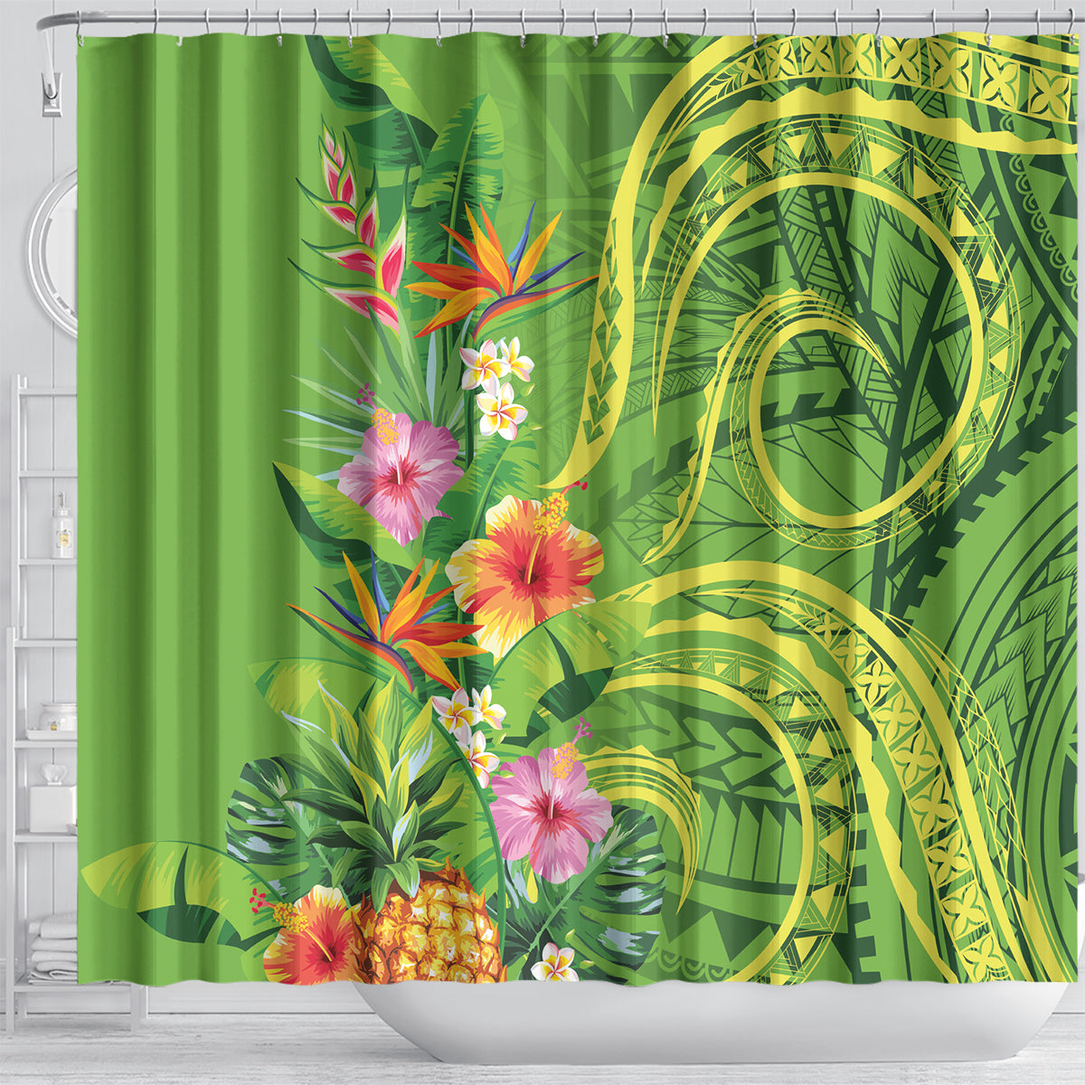 Polynesian Tribal Flower Tattoo Shower Curtain Special Lime Green Vibe LT9 - Polynesian Pride