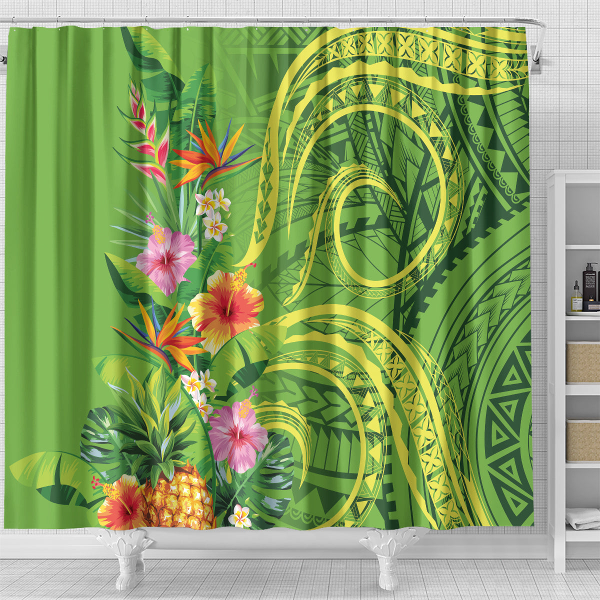 Polynesian Tribal Flower Tattoo Shower Curtain Special Lime Green Vibe LT9 - Polynesian Pride