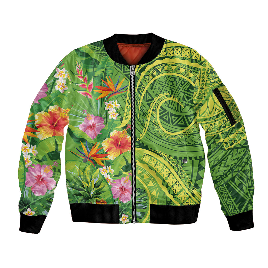 Polynesian Tribal Flower Tattoo Sleeve Zip Bomber Jacket Special Lime Green Vibe LT9 Unisex Lime Green - Polynesian Pride