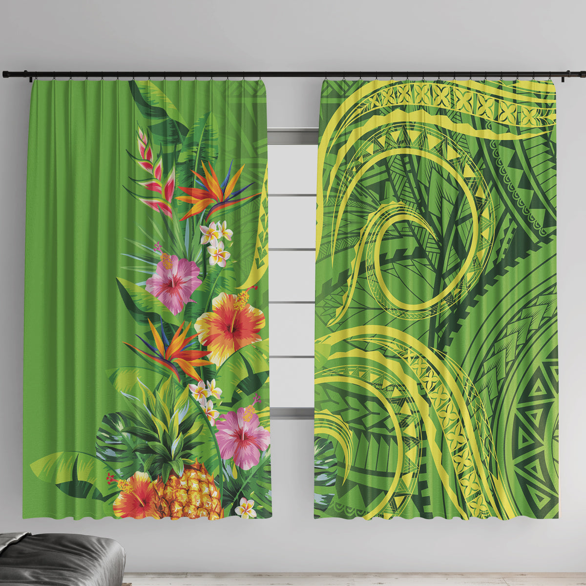 Polynesian Tribal Flower Tattoo Window Curtain Special Lime Green Vibe LT9 With Hooks Lime Green - Polynesian Pride