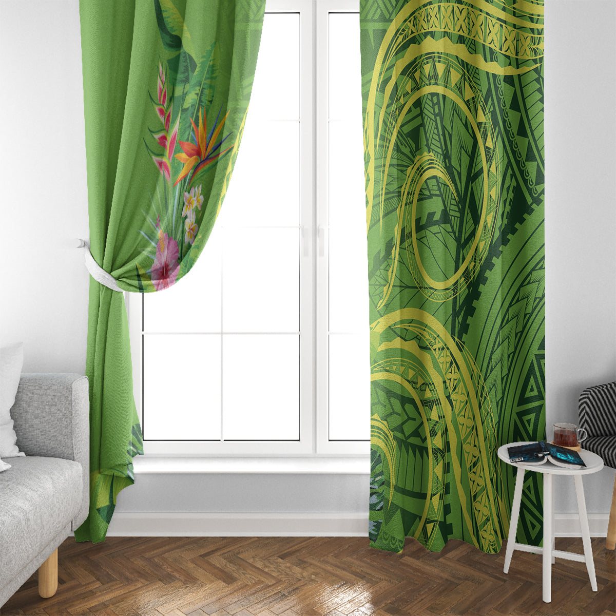 Polynesian Tribal Flower Tattoo Window Curtain Special Lime Green Vibe LT9 - Polynesian Pride