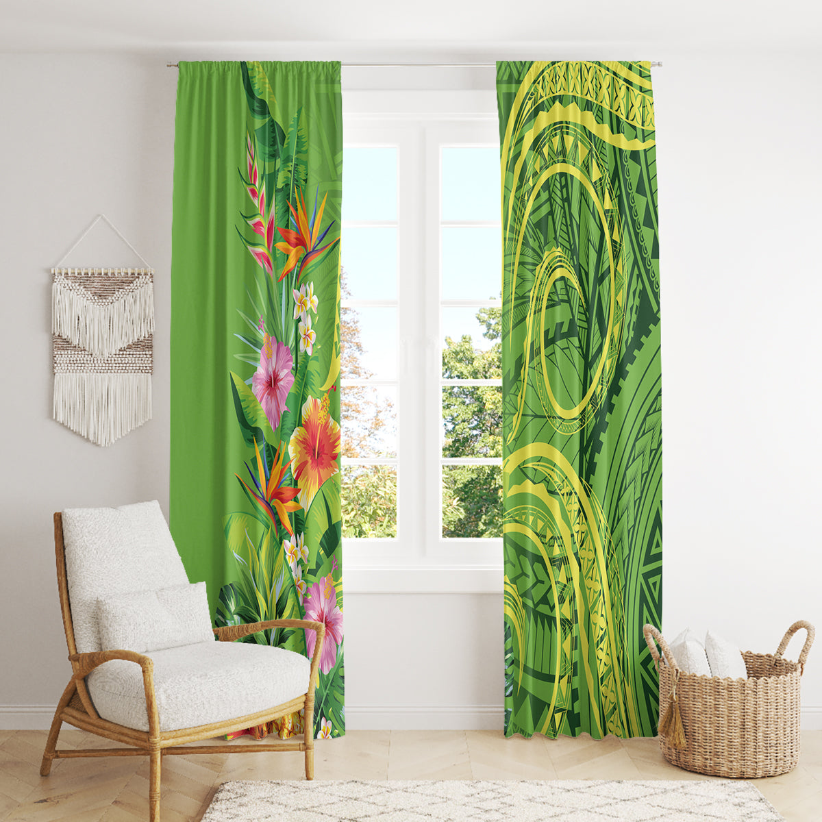 Polynesian Tribal Flower Tattoo Window Curtain Special Lime Green Vibe LT9 - Polynesian Pride