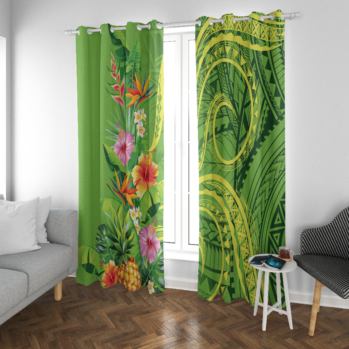 Polynesian Tribal Flower Tattoo Window Curtain Special Lime Green Vibe LT9 With Grommets Lime Green - Polynesian Pride