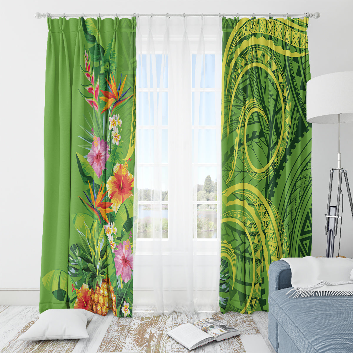 Polynesian Tribal Flower Tattoo Window Curtain Special Lime Green Vibe LT9 - Polynesian Pride