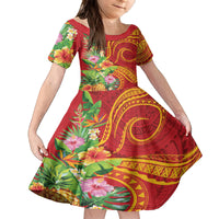 Polynesian Tribal Flower Tattoo Kid Short Sleeve Dress Special Vermilion Vibe LT9 KID Brownish-red - Polynesian Pride