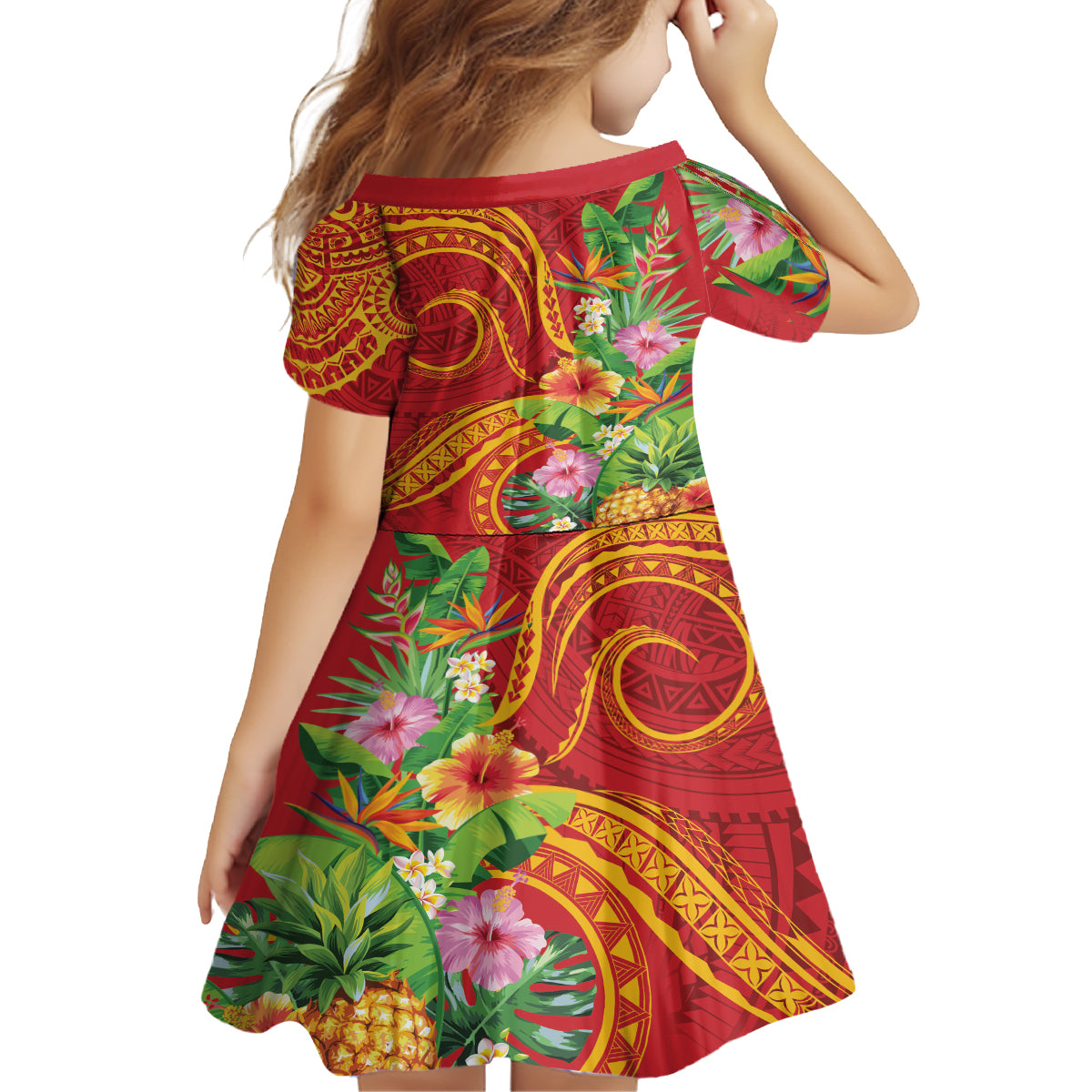 Polynesian Tribal Flower Tattoo Kid Short Sleeve Dress Special Vermilion Vibe LT9 - Polynesian Pride
