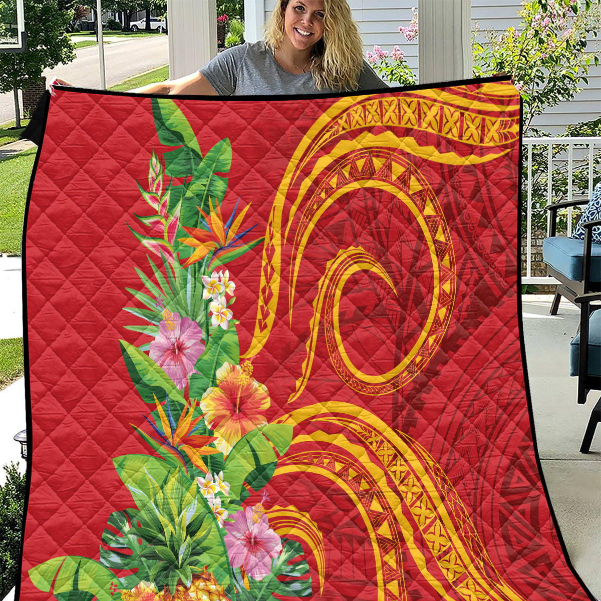 Polynesian Tribal Flower Tattoo Quilt Special Vermilion Vibe