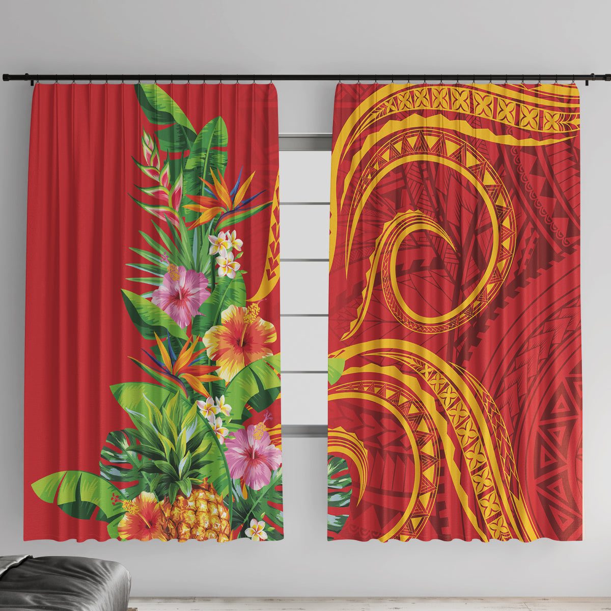 Polynesian Tribal Flower Tattoo Window Curtain Special Vermilion Vibe LT9 With Hooks Brownish-red - Polynesian Pride
