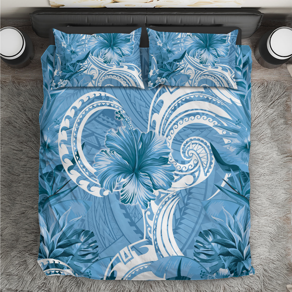 Polynesian Hibiscus Flower Tribal Bedding Set Blue Color LT9 Blue - Polynesian Pride