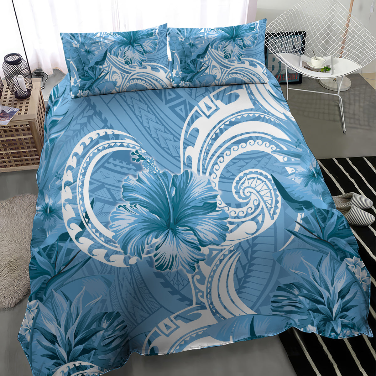 Polynesian Hibiscus Flower Tribal Bedding Set Blue Color LT9 - Polynesian Pride