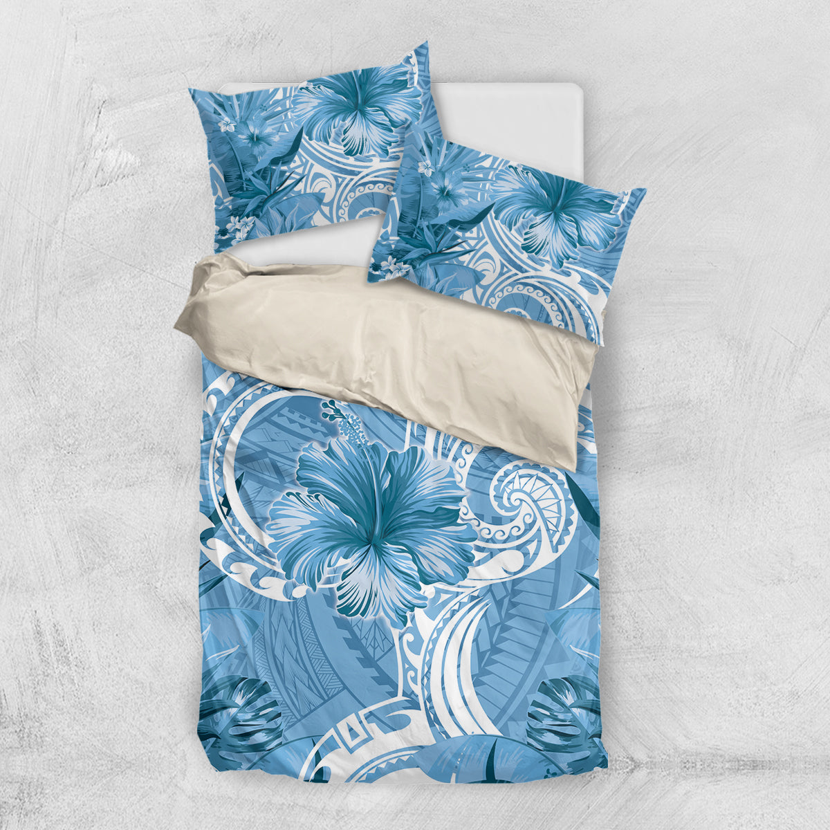 Polynesian Hibiscus Flower Tribal Bedding Set Blue Color LT9 US Twin 172cm x 218cm Blue - Polynesian Pride