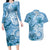 Polynesian Hibiscus Flower Tribal Couples Matching Long Sleeve Bodycon Dress and Hawaiian Shirt Blue Color