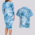 Polynesian Hibiscus Flower Tribal Couples Matching Long Sleeve Bodycon Dress and Hawaiian Shirt Blue Color