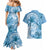 Polynesian Hibiscus Flower Tribal Couples Matching Mermaid Dress and Hawaiian Shirt Blue Color