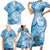 Polynesian Hibiscus Flower Tribal Family Matching Short Sleeve Bodycon Dress and Hawaiian Shirt Blue Color