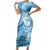 Polynesian Hibiscus Flower Tribal Family Matching Short Sleeve Bodycon Dress and Hawaiian Shirt Blue Color