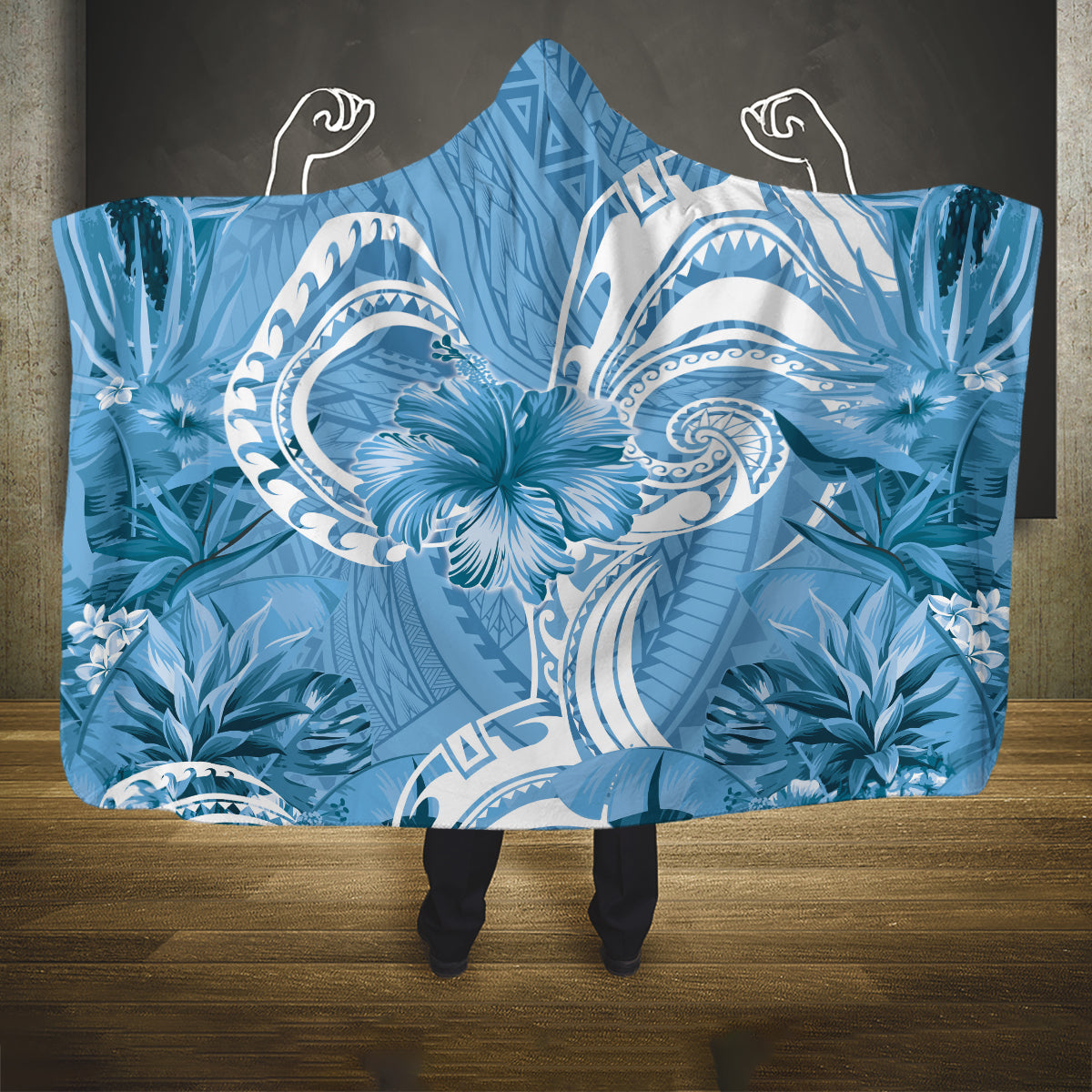 Polynesian Hibiscus Flower Tribal Hooded Blanket Blue Color LT9 One Size Blue - Polynesian Pride