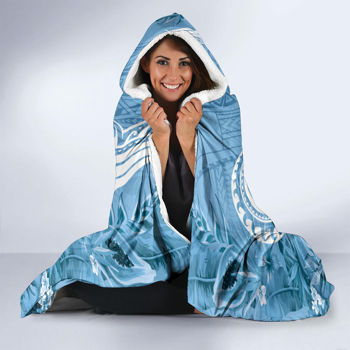 Polynesian Hibiscus Flower Tribal Hooded Blanket Blue Color LT9 - Polynesian Pride