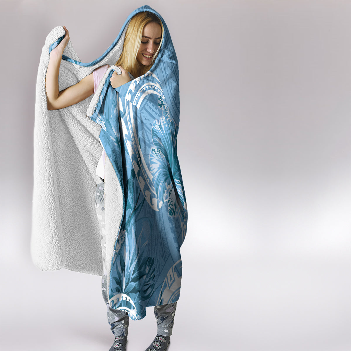Polynesian Hibiscus Flower Tribal Hooded Blanket Blue Color LT9 - Polynesian Pride