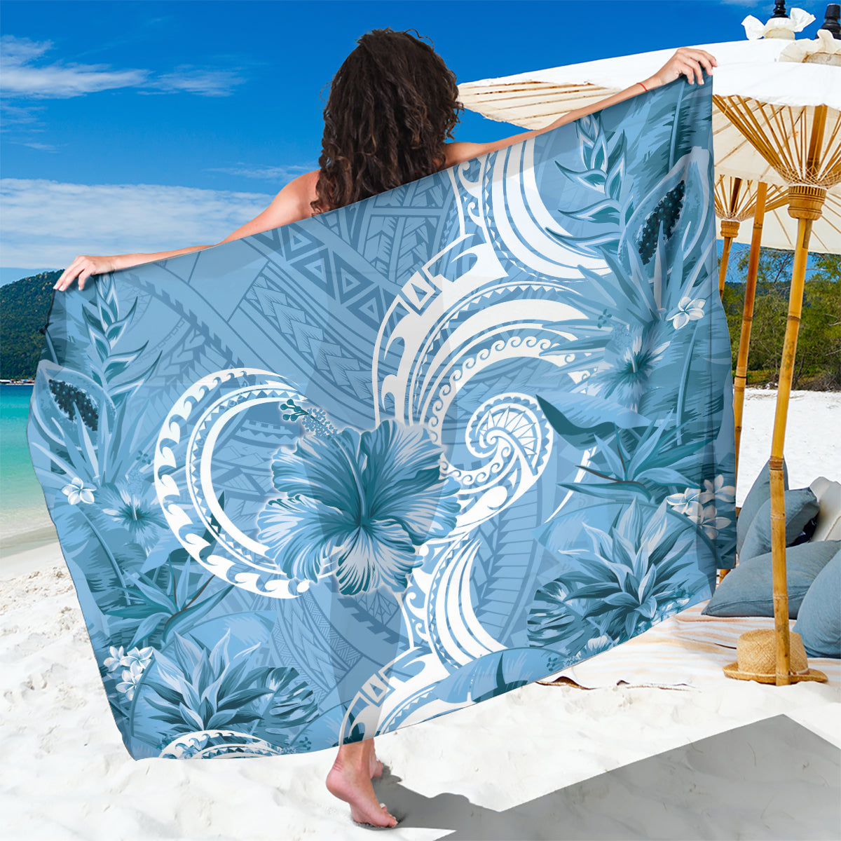 Polynesian Hibiscus Flower Tribal Sarong Blue Color LT9 One Size 44 x 66 inches Blue - Polynesian Pride